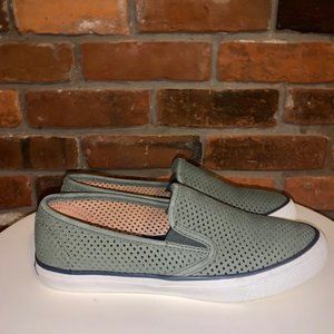 Sperry Women's Top-Sider Seaside Perforated Suede Slip on Shoe Sage Green Size 9